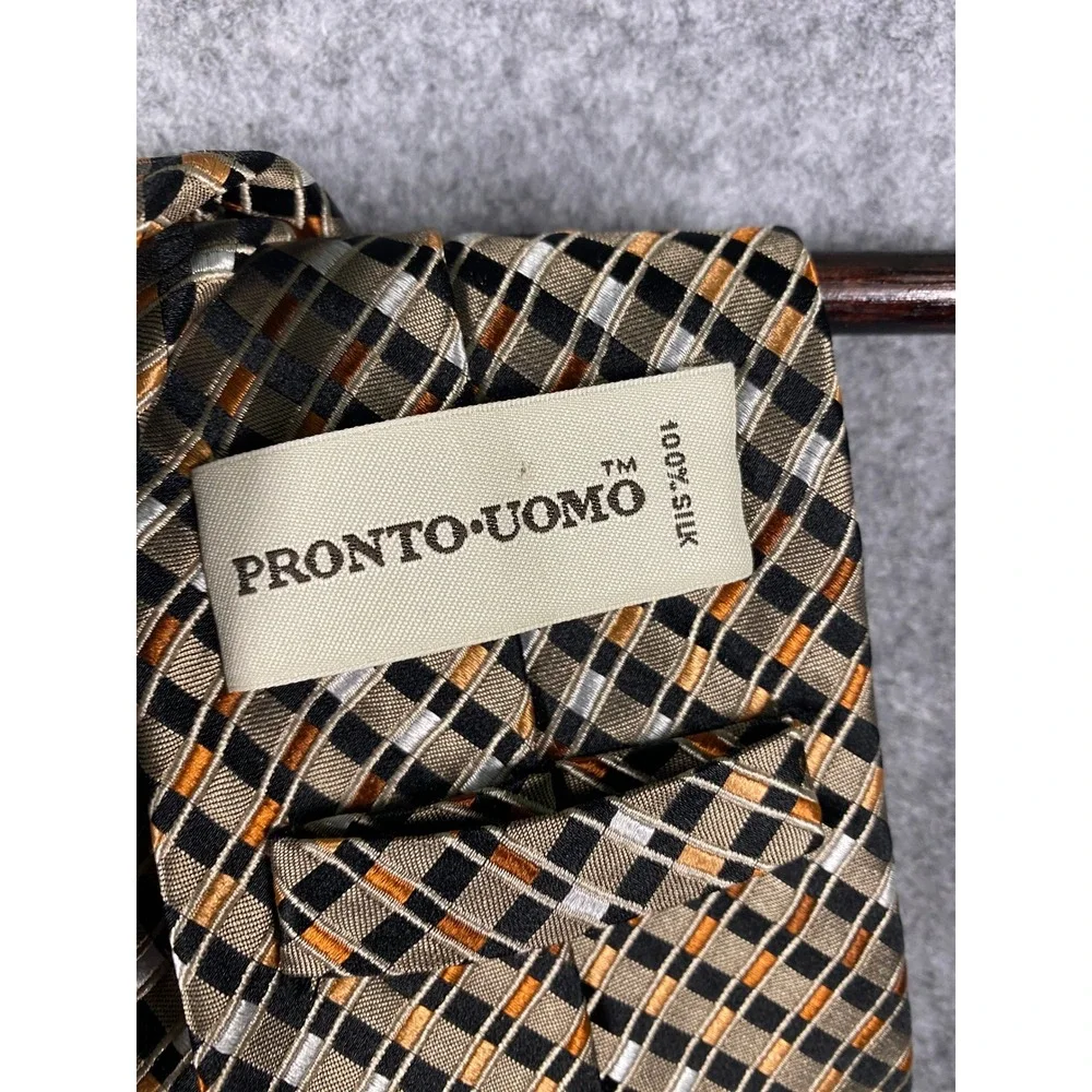 Pronto Uomo Mens SilkTie Black Gold Orange Geometric Grid Plaid HandMade Necktie